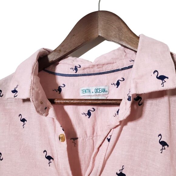 Tenth + Ocean Linen Pink Flamingo Beach Shirt Size L Casual Button Up Mens - Picture 3 of 8